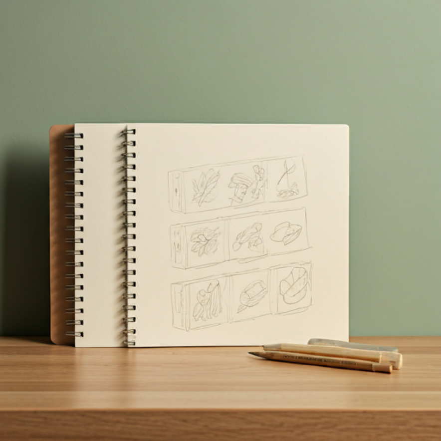 Engineering notebook sketches and planning workspace