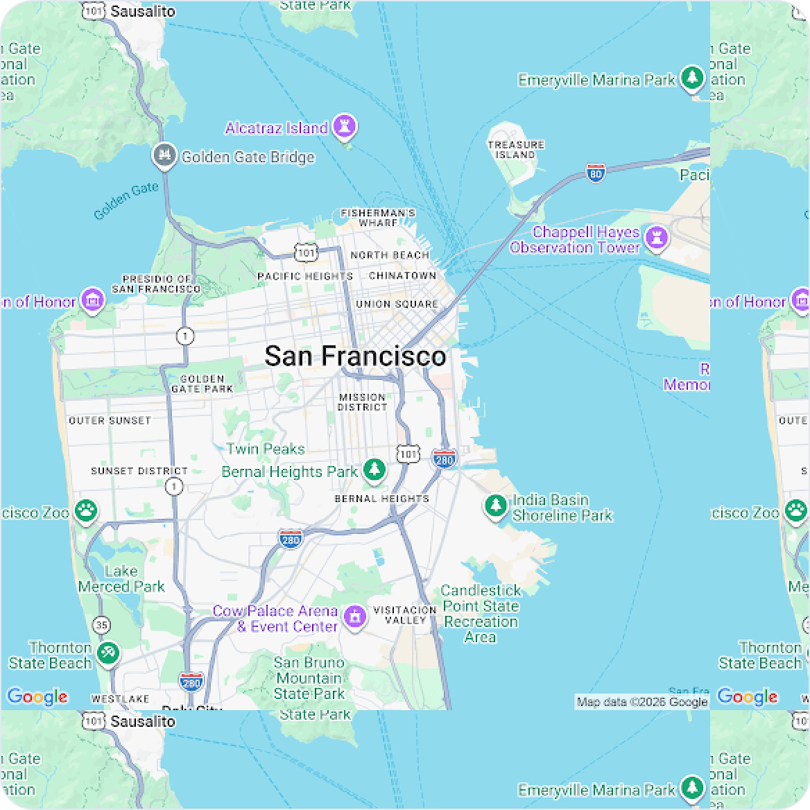 Map view of San Francisco with nearby shop offer pins